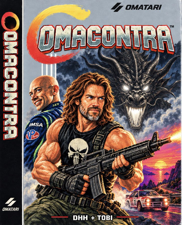 Omacontra box art featuring DHH, Tobi, the dragon, and the Quattro.